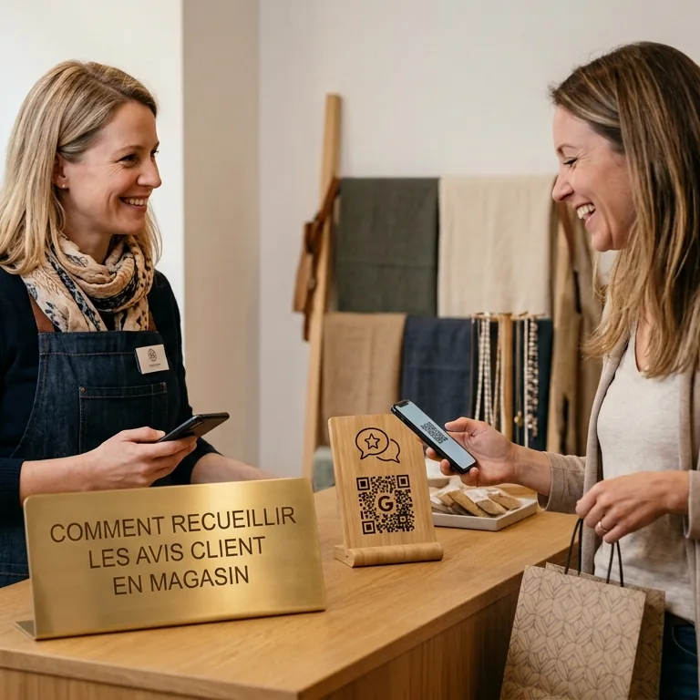 Commerçante indépendante qui demande un avis Google à sa cliente en caisse, avec un QR code posé sur le comptoir