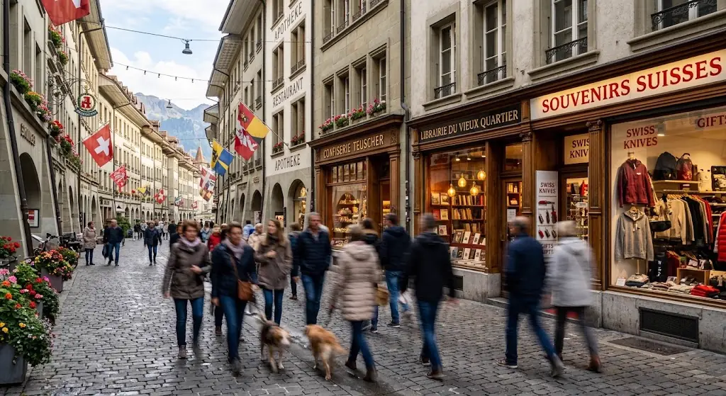 Rue commerçante animée en Suisse, passants devant les vitrines de commerces indépendants